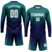 Laden Sie das Bild in den Galerie-Viewer, Uksn Individuelles Petrol Weiß-Marineblau Sublimationsdruck Langarm Farbverlauf Fußballtrikot
