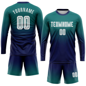 Uksn Individuelles Petrol Weiß-Marineblau Sublimationsdruck Langarm Farbverlauf Fußballtrikot