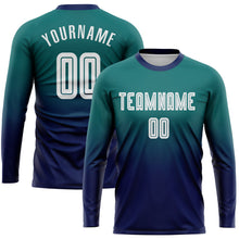 Laden Sie das Bild in den Galerie-Viewer, Uksn Individuelles Petrol Weiß-Marineblau Sublimationsdruck Langarm Farbverlauf Fußballtrikot
