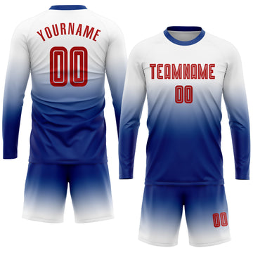 Uksn Individuelles Weiß Rot-Königsblau Sublimationsdruck Langarm Farbverlauf Fußballtrikot