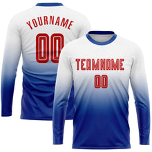 Laden Sie das Bild in den Galerie-Viewer, Uksn Individuelles Weiß Rot-Königsblau Sublimationsdruck Langarm Farbverlauf Fußballtrikot
