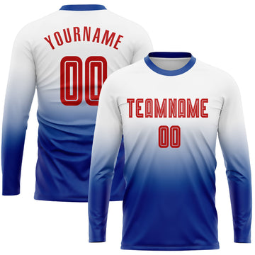 Uksn Individuelles Weiß Rot-Königsblau Sublimationsdruck Langarm Farbverlauf Fußballtrikot