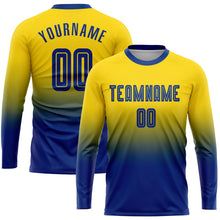 Laden Sie das Bild in den Galerie-Viewer, Uksn Individuelles Gold Königsblau Sublimationsdruck Langarm Farbverlauf Fußballtrikot
