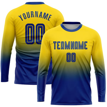 Uksn Individuelles Gold Königsblau Sublimationsdruck Langarm Farbverlauf Fußballtrikot