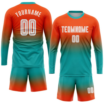 Uksn Individuelles Orange Weiß-Aqua Sublimationsdruck Langarm Farbverlauf Fußballtrikot