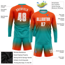 Laden Sie das Bild in den Galerie-Viewer, Uksn Individuelles Orange Weiß-Aqua Sublimationsdruck Langarm Farbverlauf Fußballtrikot
