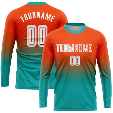 Uksn Individuelles Orange Weiß-Aqua Sublimationsdruck Langarm Farbverlauf Fußballtrikot