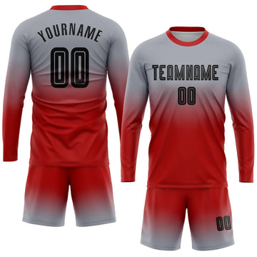Uksn Individuelles Grau Schwarz-Rot Sublimationsdruck Langarm Farbverlauf Fußballtrikot