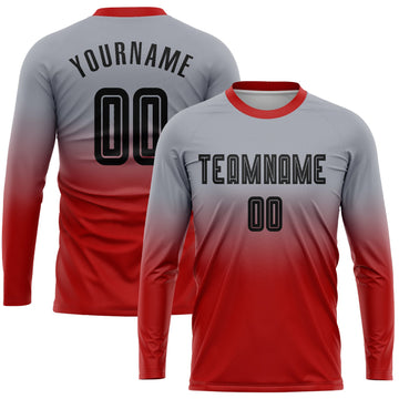Uksn Individuelles Grau Schwarz-Rot Sublimationsdruck Langarm Farbverlauf Fußballtrikot