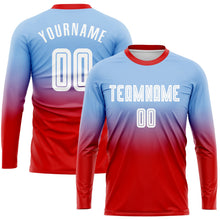 Laden Sie das Bild in den Galerie-Viewer, Uksn Individuelles Hellblau Weiß-Rot Sublimationsdruck Langarm Farbverlauf Fußballtrikot
