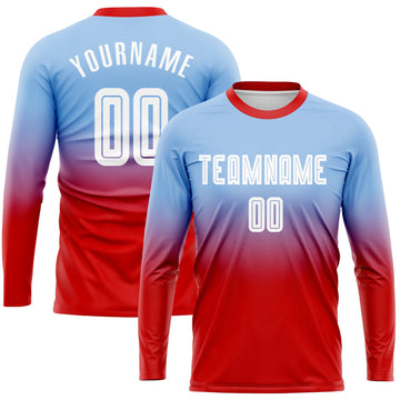 Uksn Individuelles Hellblau Weiß-Rot Sublimationsdruck Langarm Farbverlauf Fußballtrikot
