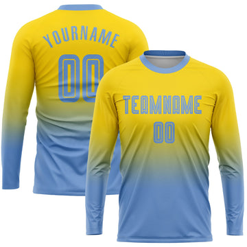 Uksn Individuelles Gold Hellblau Sublimationsdruck Langarm Farbverlauf Fußballtrikot