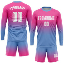 Laden Sie das Bild in den Galerie-Viewer, Uksn Individuelles Pink Weiß-Hellblau Sublimationsdruck Langarm Farbverlauf Fußballtrikot
