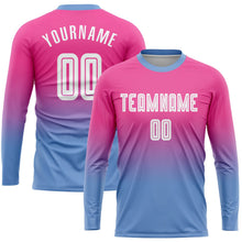 Laden Sie das Bild in den Galerie-Viewer, Uksn Individuelles Pink Weiß-Hellblau Sublimationsdruck Langarm Farbverlauf Fußballtrikot

