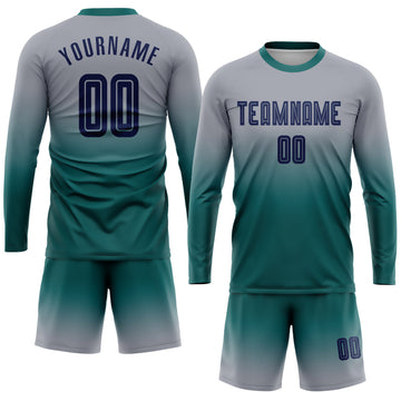 Uksn Individuelles Grau Marineblau-Petrol Sublimationsdruck Langarm Farbverlauf Fußballtrikot