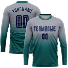Laden Sie das Bild in den Galerie-Viewer, Uksn Individuelles Grau Marineblau-Petrol Sublimationsdruck Langarm Farbverlauf Fußballtrikot
