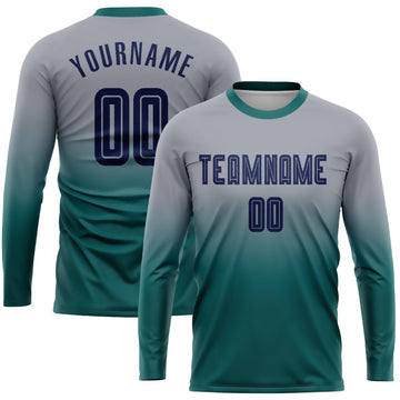 Uksn Individuelles Grau Marineblau-Petrol Sublimationsdruck Langarm Farbverlauf Fußballtrikot