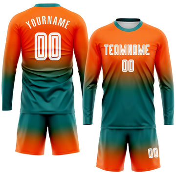 Uksn Individuelles Orange Weiß-Petrol Sublimationsdruck Langarm Farbverlauf Fußballtrikot