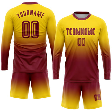 Uksn Individuelles Gold Karmesinrot Sublimationsdruck Langarm Farbverlauf Fußballtrikot