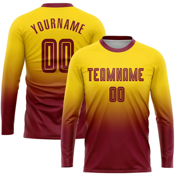 Uksn Individuelles Gold Karmesinrot Sublimationsdruck Langarm Farbverlauf Fußballtrikot