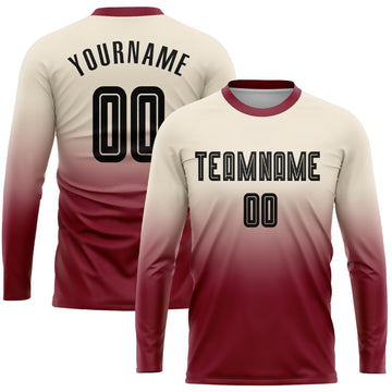 Uksn Individuelles Cream Schwarz-Karmesinrot Sublimationsdruck Langarm Farbverlauf Fußballtrikot
