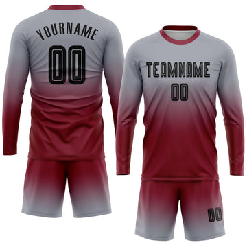 Uksn Individuelles Grau Schwarz-Karmesinrot Sublimationsdruck Langarm Farbverlauf Fußballtrikot