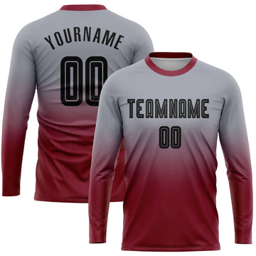 Uksn Individuelles Grau Schwarz-Karmesinrot Sublimationsdruck Langarm Farbverlauf Fußballtrikot