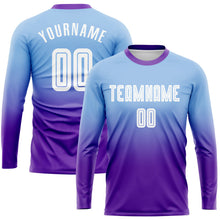 Laden Sie das Bild in den Galerie-Viewer, Uksn Individuelles Hellblau Weiß-Lila Sublimationsdruck Langarm Farbverlauf Fußballtrikot
