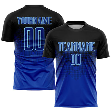 Uksn Individuelles Schwarz Königsblau-Hellblau Sublimationsdruck Fußballtrikot