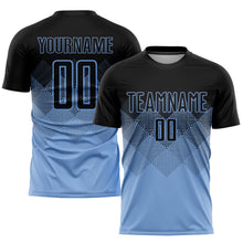 Laden Sie das Bild in den Galerie-Viewer, Uksn Individuelles Hellblau Schwarz Sublimationsdruck Fußballtrikot
