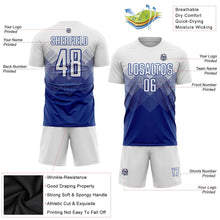 Laden Sie das Bild in den Galerie-Viewer, Uksn Individuelles Königsblau Weiß Sublimationsdruck Fußballtrikot
