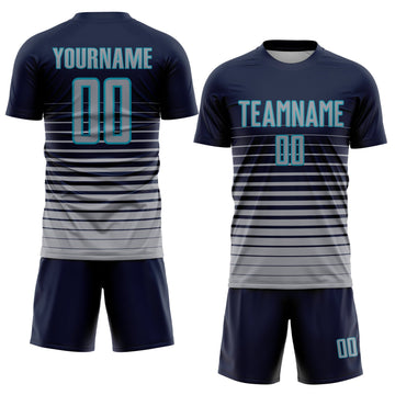 Uksn Individuelles Marineblau Grau-Petrol Nadelstreifen Farbverlauf Sublimationsdruck Fußballtrikot