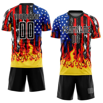 Uksn Individuelles Schwarz Rot Königsblau-Gold US-Flagge Flamme Sublimationsdruck Fußballtrikot