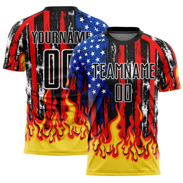 Uksn Individuelles Schwarz Rot Königsblau-Gold US-Flagge Flamme Sublimationsdruck Fußballtrikot