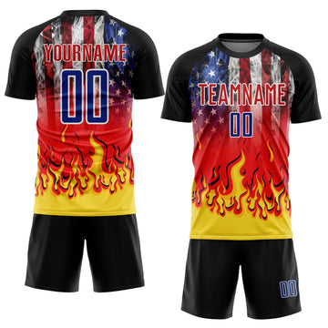 Uksn Individuelles Schwarz Königsblau Rot-Gold US-Flagge Flamme Sublimationsdruck Fußballtrikot