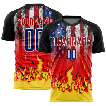 Uksn Individuelles Schwarz Königsblau Rot-Gold US-Flagge Flamme Sublimationsdruck Fußballtrikot