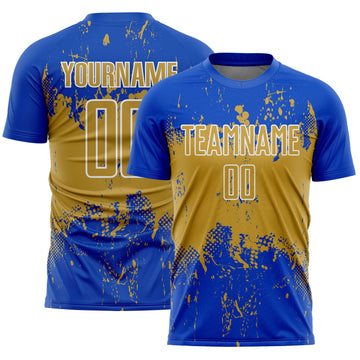 Uksn Individuelles Donnerblau Altgold-Weiß Abstrakter Splash Grunge Kunst Sports Sublimationsdruck Fußballtrikot