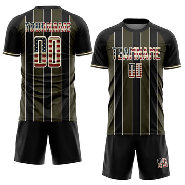 Uksn Individuelles Schwarz Vintage USA-Flagge Oliv-Cream Nadelstreifen Linie Sports Sublimationsdruck Fußballtrikot