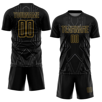 Uksn Individuelles Schwarz Altgold-Stahlgrau Brasilien Geometrisch Sublimationsdruck Fußballtrikot