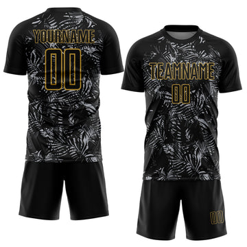 Uksn Individuelles Schwarz Grau-Altgold Brasilien Tropische Palmenblätter Sublimationsdruck Fußballtrikot
