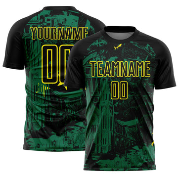 Uksn Individuelles Schwarz Kelly-Grün-Hellgelb Brasilien Cityscape Splatter Sublimationsdruck Fußballtrikot