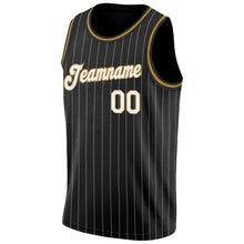 Laden Sie das Bild in den Galerie-Viewer, Uksn Individuelles Schwarz Weiße Nadelstreifen Weiß-Altgold Authentic Basketball Trikot
