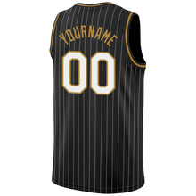 Laden Sie das Bild in den Galerie-Viewer, Uksn Individuelles Schwarz Weiße Nadelstreifen Weiß-Altgold Authentic Basketball Trikot

