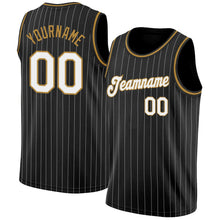 Laden Sie das Bild in den Galerie-Viewer, Uksn Individuelles Schwarz Weiße Nadelstreifen Weiß-Altgold Authentic Basketball Trikot
