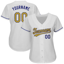 Laden Sie das Bild in den Galerie-Viewer, Uksn Individuelles Weiß Altgold-Königsblau Authentic Baseball Trikot
