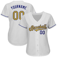 Laden Sie das Bild in den Galerie-Viewer, Uksn Individuelles Weiß Altgold-Königsblau Authentic Baseball Trikot
